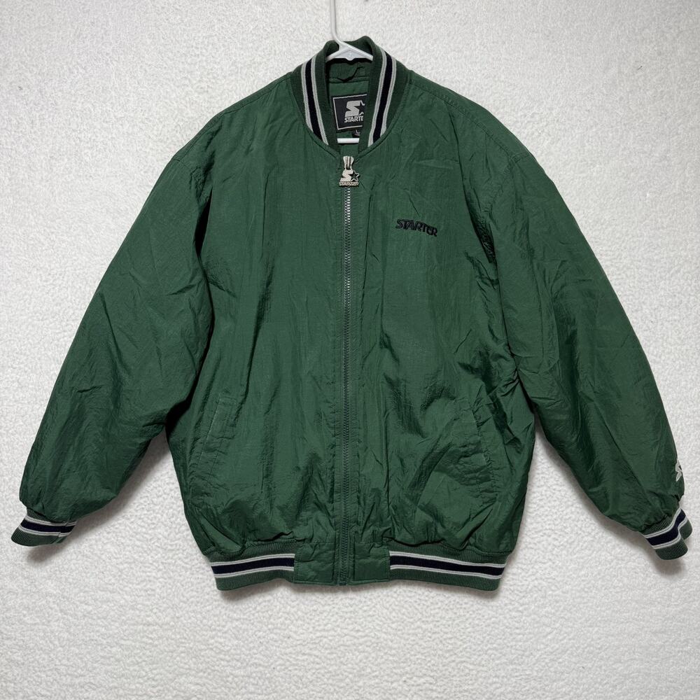 Vintage 90s Large Starter Green & White Quilt Lined Full Zip Jacket With Pull